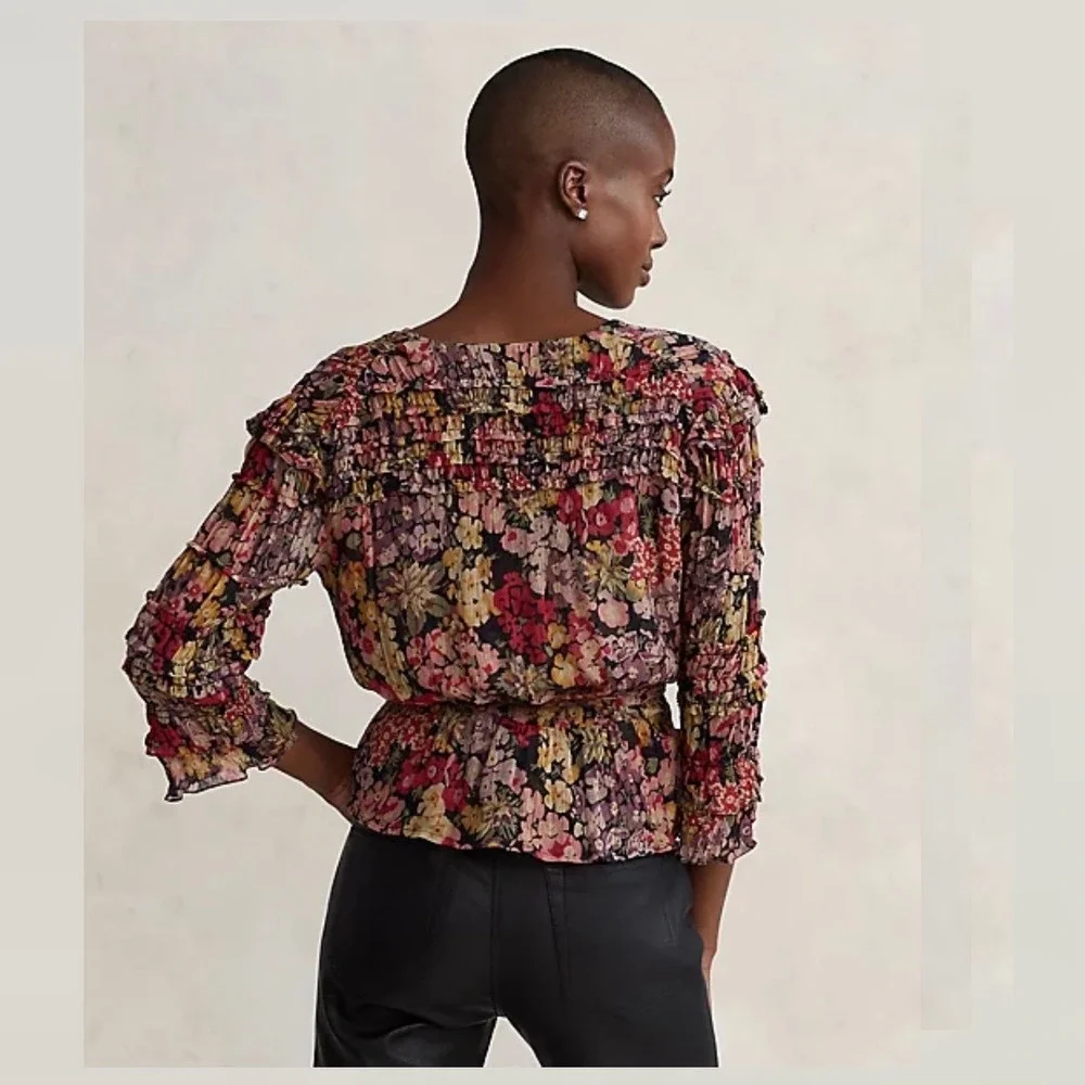 Polo Ralph Lauren Floral Wrap Peplum Blouse Smocked Ruffle Small Petite $298‎